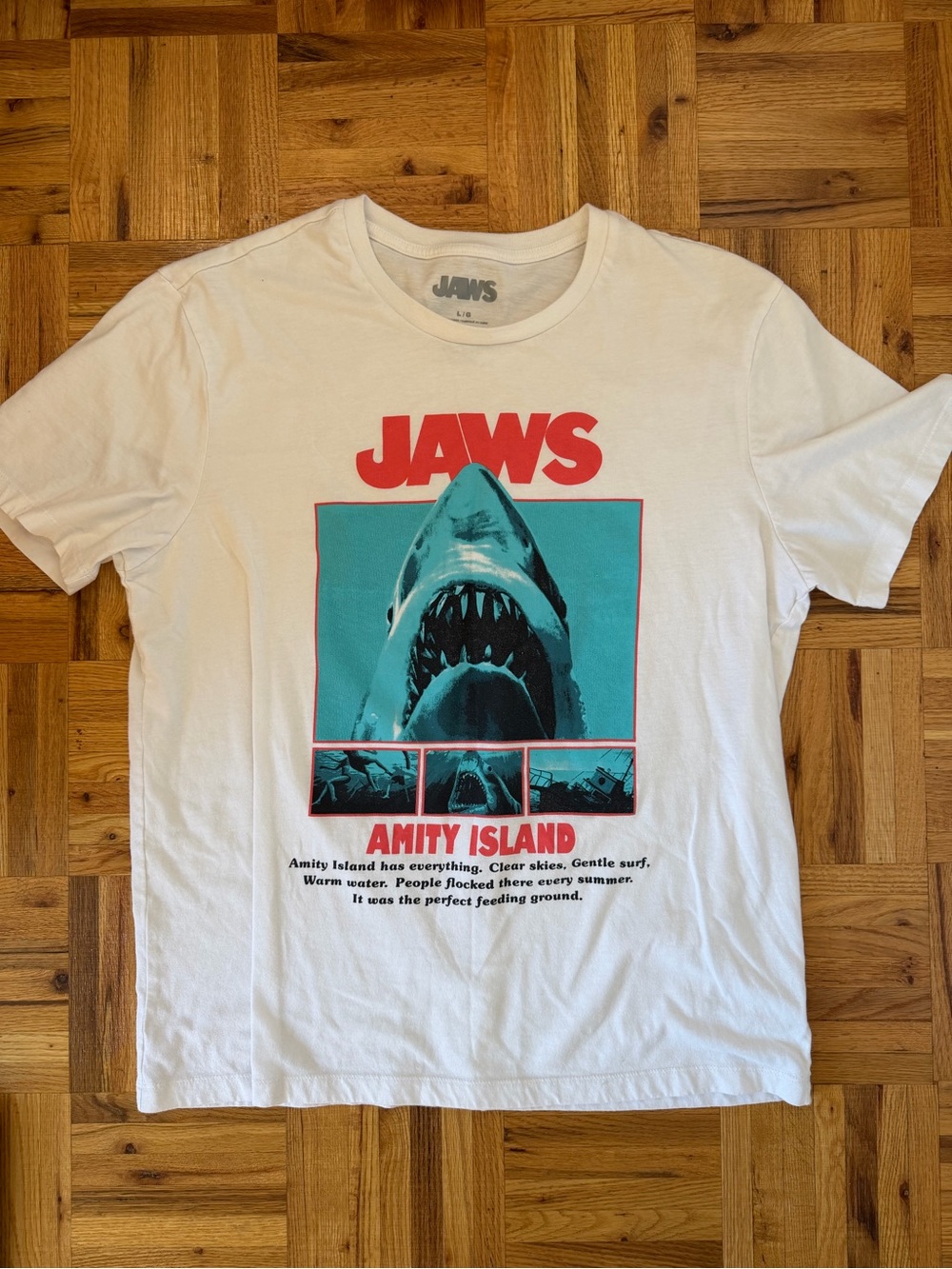 Joe Fresh White Jaws Amity Island Graphic Tee with Red and Teal Print